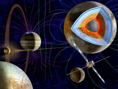 <p>Ilustración de JUICE rodeado de Júpiter y sus lunas Ganímedes, Europa, Ío y Calisto. / ESA-M. Carroll</p>