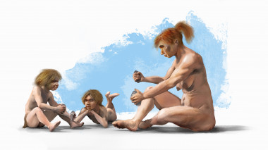 <p>Una mujer neandertal enseñando a los niños de la comunidad a tallar. / J. A. Peñas, SINC</p>