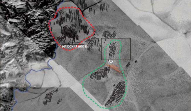 <p>Campos de dunas (líneas negras) en los márgenes de la planicie Sputnik Planitia occidental, con diversas anotaciones de los científicos. / Parteli, Telfer, Radebaugh et al./Science</p>