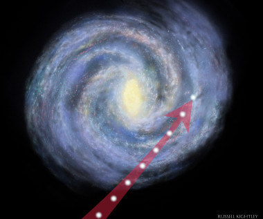 <p>La flecha indica la trayectoria de la enana blanca hasta su localización actual en la Vía Láctea, a unos 1.000 años luz del Sol. / Russell Kightley</p>
