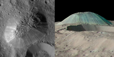 <p>Imagen en alta resolución de Ahuna Mons y simulacion en falso color a partir de las imágenes captadas por la sonda Dawn en Ceres. / NASA/JPL-Caltech/UCLA/MPS/DLR/IDA</p>