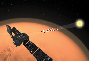 <p>Ilustración de la nave ExoMars Trace Gas Orbiter (TGO) analizando la atmósfera marciana / ESA/ATG medialab</p>