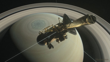 <p>Ilustración de la nave Cassini de la NASA sobre el hemisferio norte de Saturno, dirigiéndose hacia su primera inmersión entre el planeta y sus anillos en abril de 2017. / NASA/JPL-Caltech</p>