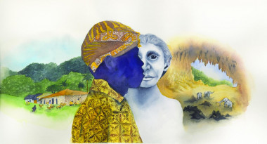 <p>Muestra de un pueblo pigmeo moderno, Rampasasa (izquierda); en el centro, un pigmeo Rampasasa con el tradicional turbante de la cabeza. La ropa se yuxtapone a la cara de una reconstrucción de <em>Homo floresiensis.</em> A la derecha, elefantes pigmeos juegan en la cueva de Liang Bua, donde se encontraron los fósiles de<em> H. Floresiensis</em> en 2004. / Ilustración de Matilda Luk (Universidad de Princeton)</p>