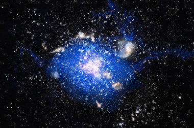 <p>Ilustración del océano cósmico de gas frío (que se extiende por espacio con 250.000 años luz) en el corazón de un cúmulo embrionario de galaxias, en cuyo centro se encuentra la supergalaxia Telaraña o MRC 1138-262. / ESO/M. Kornmesser</p>