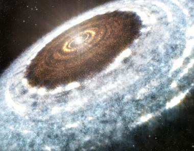 <p>Ilustración de la línea de nieve del agua alrededor de la joven estrella V883 Orionis, tal y como la ha detectado ALMA. / A. Angelich /ALMA</p>