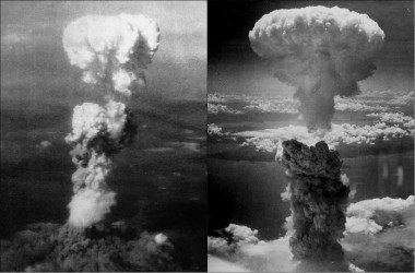 <p/>Nubes de hongo sobre Hiroshima (izquierda) y Nagasaki (derecha) tras la explosión de las bombas atómicas ” /><span style=