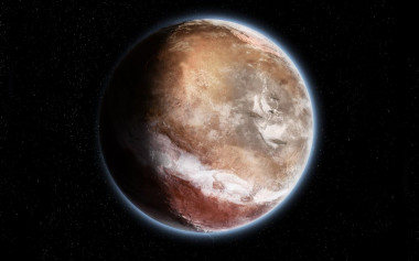 <p>Ilustración de Marte hace 4.000 millones de años, según el nuevo estudio. Los polos se encontraban en una posición diferente, la precipitación en la banda tropical del sur originó los ríos, y los volcanes fueron haciendo crecer el domo de Tharsis, que acabó inclinando la superficie de Marte después de que terminara la actividad fluvial (hace 3,5 millones de años). / © Didier Florentz</p>