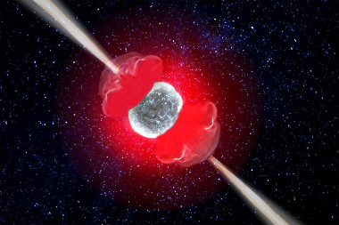 <p>Ilustración de la hipernova. La interacción del chorro con las capas externas de la estrella forma una envoltura que rodea la cabeza del chorro y comienza a propagarse lateralmente con respecto a la dirección del chorro. El chorro es capaz de perforar completamente la envoltura de la estrella madre, emitiendo los rayos gamma de alta energía. / Anna Serena Esposito</p>