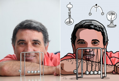 <p>Imagen real y ‘retrato digital’ del profesor Rafael García Molina con un péndulo de Newton. / Fran Manzanera/Mariscal</p>