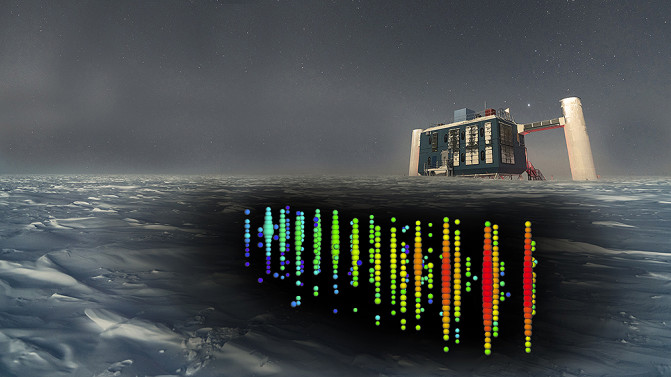 Representación del evento de neutrinos IC170922 en IceCube, donde se detectó una de estas partículas muy energéticas- IceCube Collaboration/NSF