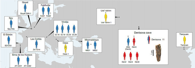 Localización de neandertales (azules), denisovanos (rojos) y primeros humanos modernos (amarillos)