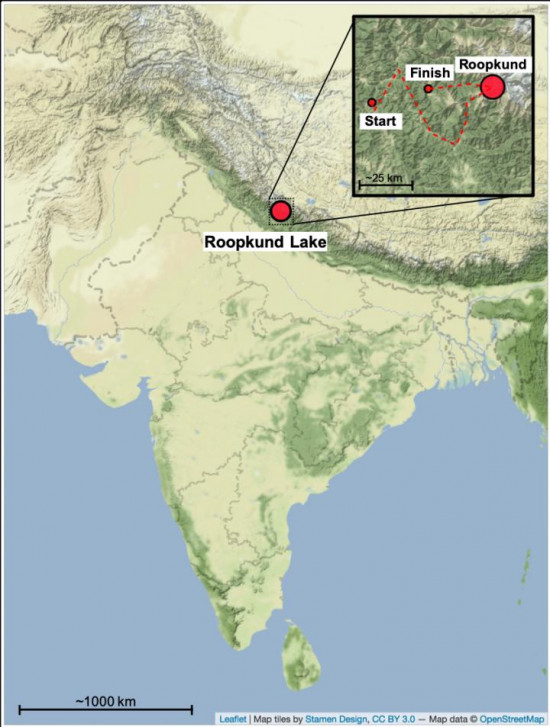 Mapa que muestra la ubicación del lago Roopkund en el Himalaya / Harney et al.