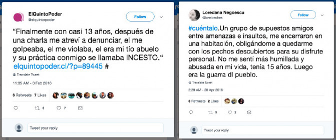 Testimonios publicados en Twitter bajo el hashtag #Cuéntalo Testimonios publicados en Twitter bajo el hashtag #Cuéntalo