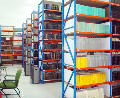 <p>Estanterías del depósito del IGME en Córdoba donde se almacenan joyas de la ciencia de un valor incalculable. / SINC </p>