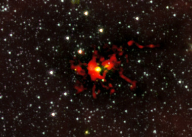 <p>Observaciones de la nube oscura SDC 335.579-0.292 llevadas a cabo por el ALMA y el telescopio espacial Spitzer. / ALMA-NASA</p>