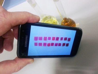 <p>El móvil detecta las diferencias de color de varias membranas, sumergidas en aguas con distinta concentración de mercurio. / J. M. García et al.</p>