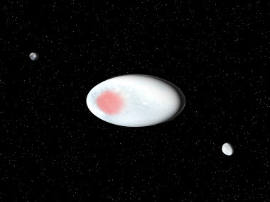 <p>Ilustración de Haumea y sus dos satélites Hi’iaka y Namaka.</p>