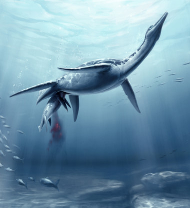 <p>Recreación del nacimiento de una cría de plesiosaurio. Imagen: S. Abramovicz</p>