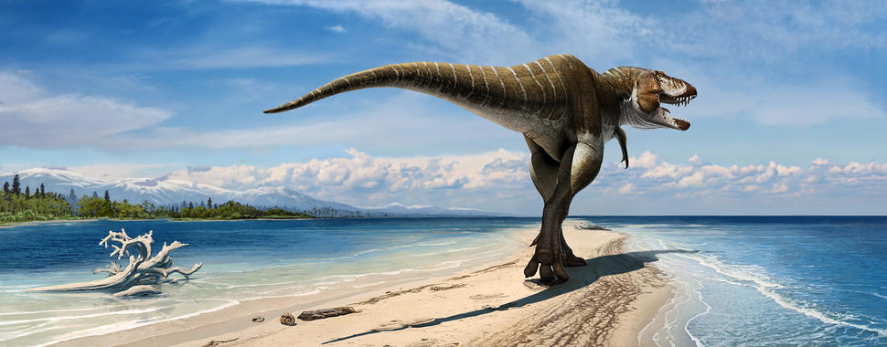 <p>Recreación de la nueva especie de tiranosaurio <em>Lythronax </em><em>argestes </em>y vista del paisaje que lo rodeaba. / Andrey Atuchin.</p>
