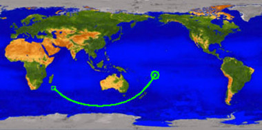 <p>La trayectoria del satélite UARS finaliza en un área amplia cerca del archipielago de Samoa, en Oceanía. Imagen: NASA.</p>