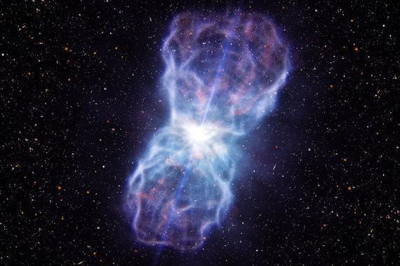<p>Impresión artística del gigantesco chorro eyectado por el cuásar SDSS J1106+1939. Imagen: ESO/L. Calçada.</p>