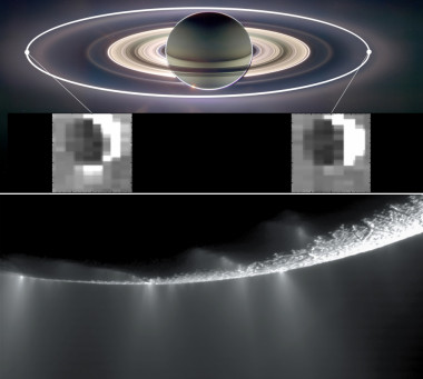 <p>El brillo de los chorros de vapor de agua y hielo del sur de Encélado es mayor cuando la luna está más lejos (izquierda) de Saturno. / NASA et al.</p>