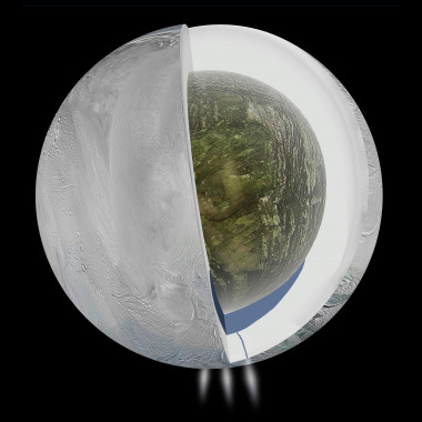 <p>Ilustración del interior de Encélado. Los datos facilitados por Cassini sugieren que esta luna presenta una corteza de hielo, un nucleo rocoso de baja densidad y un océano atrapado en el interior del hemisferio sur, de donde salen chorros de vapor. / NASA-JPL-Caltech</p>