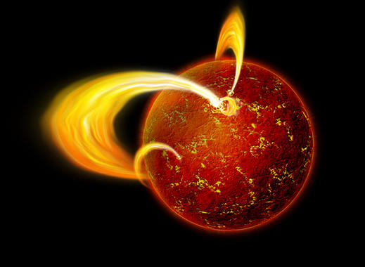 <p>Ilustración de un ‘estrellamoto’ con la fractura de la corteza y la erupción de plasma al exterior. / NASA, CXC, M.Weiss</p>