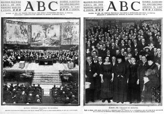 <p>Inauguración del I Congreso Nacional de Medicina en el Teatro Real en 1919 y fotografía de Murie Curie, junto a la Reina María Cristina, tras la conferencia que impartió en el anfiteatro de la antigua Facultad de Medina de Madrid o San Carlos (hoy sede del Colegio Oficial de Médicos de Madrid, cerca de Atocha). Imágenes: portadas de ABC del 21 y 23 de abril de 1919. Link y derechos: <a href="http://hemeroteca.abc.es" target="_blank">hemeroteca de ABC</a>.</p>