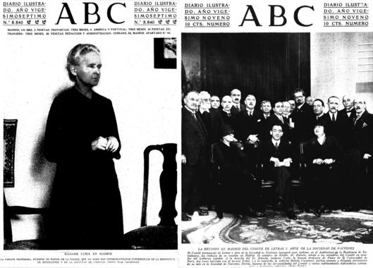 <p>Marie Curie durante su visita a España en abril de 1931 y presidiendo una reunión en la Residencia de Estudiantes en mayo de 1933. Imágenes: portadas de ABC de los días 25/04/1931 y 04/05/1933. Link y derechos: <a href="http://hemeroteca.abc.es" target="_blank">hemeroteca de ABC</a>.</p>