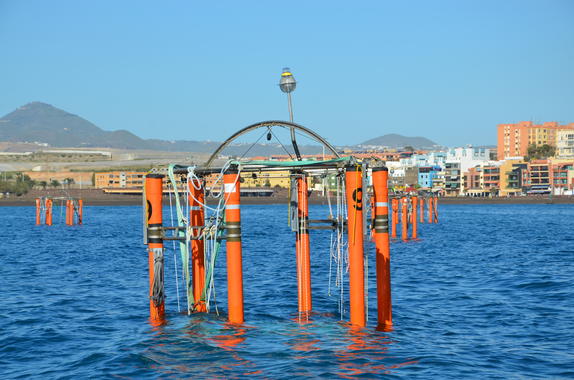 <p>Mesocosmos instalados en aguas de Taliarte (Gran Canaria) cerca de las instalaciones de la Plataforma Oceánica de Canarias (PLOCAN). Fotos PLOCAN. </p>