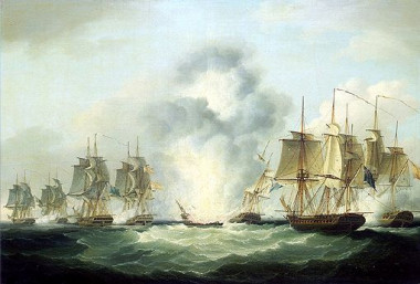 <p>Cuatro fragatas capturan los barcos españoles del tesoro. Autor: Francis Sartorius (National Maritime Museum, Reino Unido).</p>
