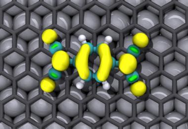 <p>Una molécula de TCNQ sobre la capa de grafeno que, a su vez, ha sido crecida sobre un cristal de rutenio. / Imdea-Nanociencia</p>