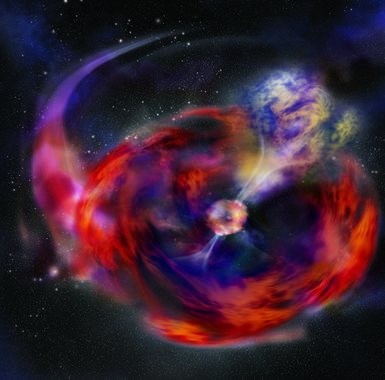 <p>Impresión artística del modelo sugerido por un grupo liderado por el IAA para el GRB 101225A. Imagen: Aurore Simonnet, NASA E/PO, Universidad del Estado de Sonoma.</p>
