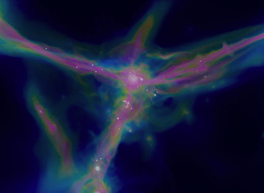 <p>Simulación del cúmulo de gas primordial, con ausencia de elementos pesados, hallado en los confines del universo. Imagen: Ceverino, Dekel y Primack</p>