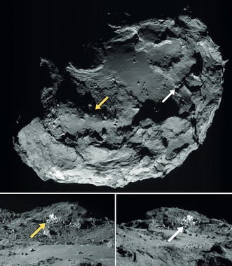 <p>La sonda Rosetta ha revelado la presencia de agua helada en la superficie del cometa 67P (señalada en la imagen por las flechas amarilla y blanca), en una zona llamada Imhotep. / Rosetta NAVCAM / ESA</p>