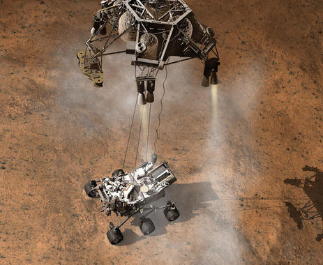 <p>El rover <em>Curiosity</em> colgará de una plataforma con grúas y cables. Imagen: NASA / JPL-Caltech.</p>