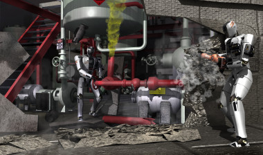 <p>Concepción artística de robots que compiten en el Virtual Robotics Challenge. / DARPA</p>