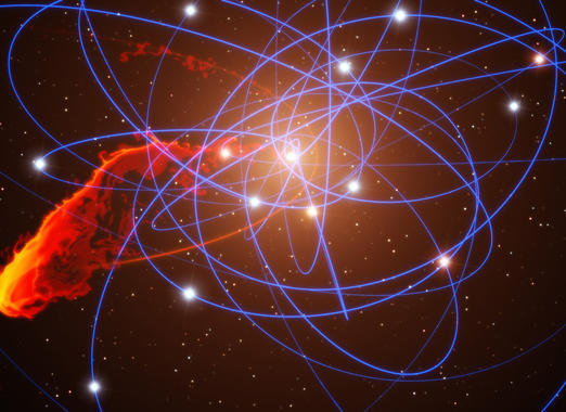 <p>Simulación de cómo la nube, que se está aproximando al agujero negro, puede destruirse en los próximos años. Imagen: ESO/MPE/Marc Schartmann.</p>