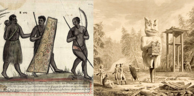 <p>Los españoles contactaron con los pueblos nativos del Pacífico, desde Nueva Guinea (izquierda, en la expedición de Váez de Torres) hasta Alaska (derecha, en el viaje de Malaspina). / Arch. Gen. de Simancas-Museo Naval/FBBA</p>