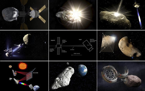 <p>Nueve propuestas para desviar o destruir un asteroide peligroso (pulsar flecha para ver detalles). / VV.AA.</p>