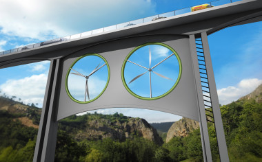 <p>Propuesta para instalar dos turbinas eólicas iguales bajo un viaducto. / José Antonio Peñas (Sinc)</p>