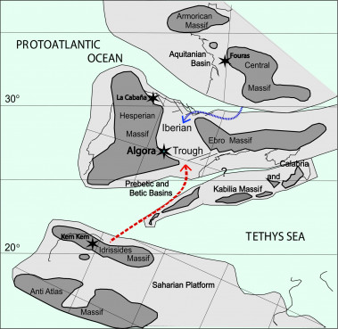 <p>Mapa paleogeográfico con la situación del yacimiento durante el Cenomaniense. Imagen: Manuel Segura</p>