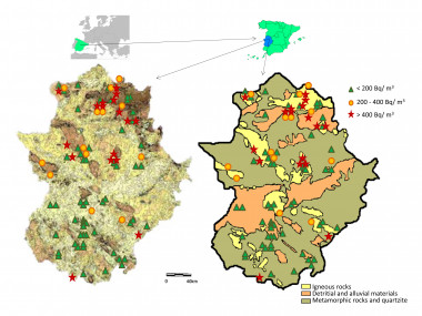 <p>Resultados de concentraciones de radón sobre en el mapa de radiación natural gamma en Extremadura (a), y en el mapa geológico (b). Imagen: A. Martín Sánchez et al./UEX.</p>