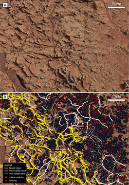 <p>Mapa de rasgos diagenéticos que muestran las relaciones espaciales entre los elementos que componen la roca. / AAAS-Science</p>
