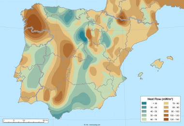 <p>Surface heat flow rate map of the Iberian Peninsula extracted from the Atlas of Geothermal Resources in Europe. / UVa-www.lacasig.com</p>