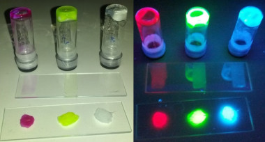 <p>Rubber with red, green and blue luminescent proteins used to produce the BioLEDs. / M. D. Weber/University of Erlangen-Nuremberg.</p>