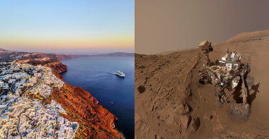 <p>On the island of Santorini, basaltic rocks similar to those located by the Curiosity rover in the crater Gale de Marte have been found. / Nextvoyage-Pixabay/NASA/JPL-Caltech/MSSS</p>