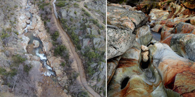 <p>Aerial photograph of the Truchillas river (Truchas, León), and detail of its volcanic rock. / J. Fernández Lozano et al.</p>
